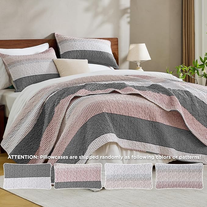 Andency Queen Quilt Bedding Set Grey Pink, 3 Pieces Patchwork Summer Striped - Image 3