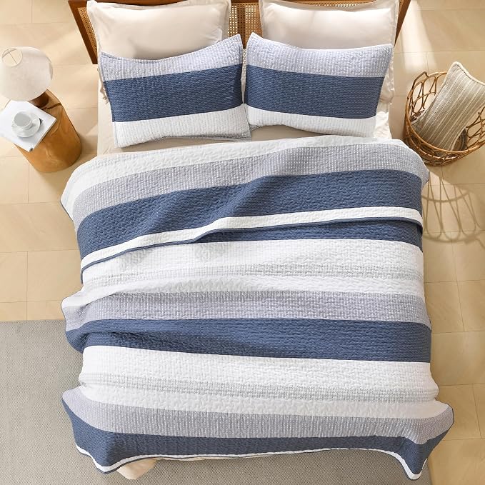 Litanika Twin Quilt Set Mineral Blue, 68x86 Stripe Bedspread Coverlet 2 Pieces - Image 3