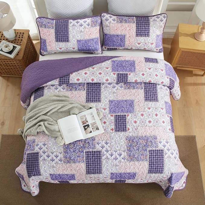 Xruibed Patchwork Quilt Set Queen Size 3 Pieces Purple Floral Plaid Bedspread - Image 4