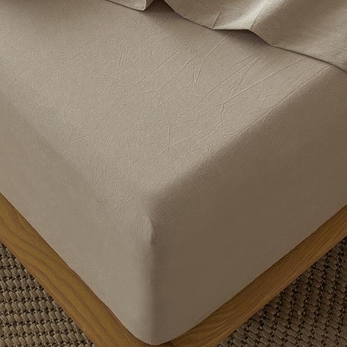 MooMee Fitted Bottom Sheet Only 100% Washed Cotton Linen Like Textured by MOOMEE
