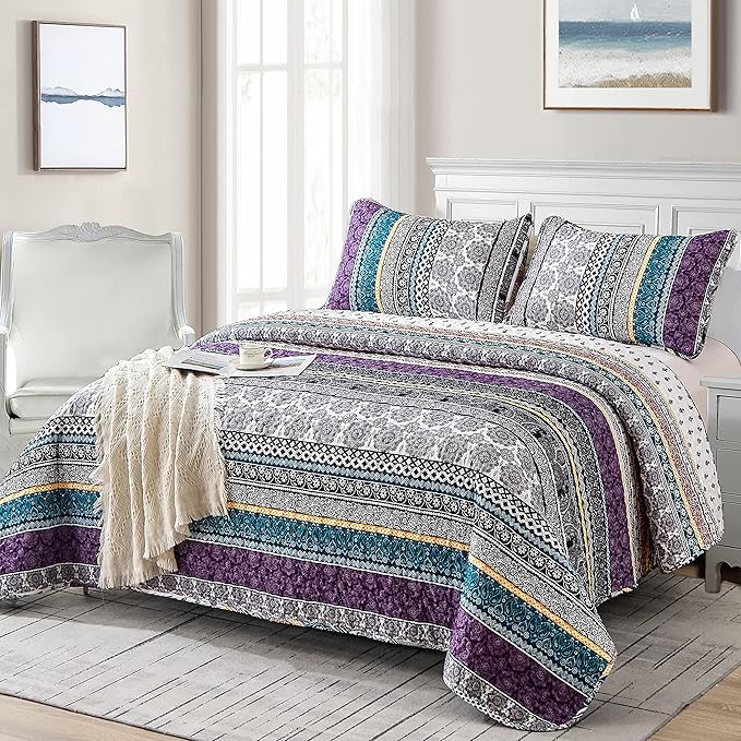 WONGS BEDDING Boho Quilt Set Queen Size, Lightweight Bedspread Coverlet Bedding - Image 2