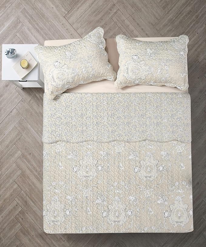 Brilliant Sunshine Classic Grey Floral Toile in Beige Background, 3-Piece Quilt - Image 4
