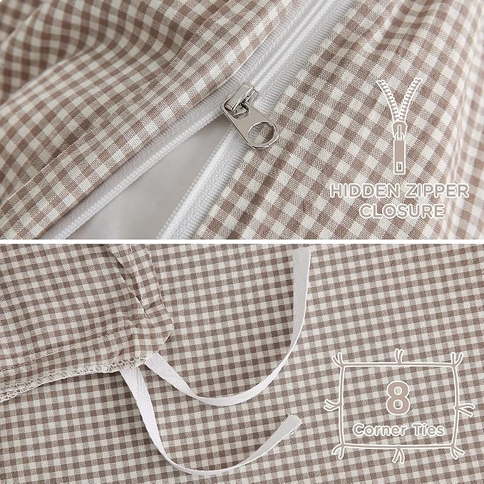 TOCOMOA Mini Gingham Tan Duvet Cover Bedding Set 100% Washed Cotton Like Linen - Image 6