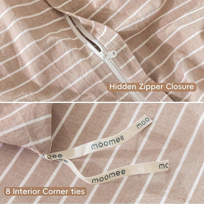 MooMee Striped Duvet Cover Set 100% Washed Cotton Linen Like Textured - Image 6