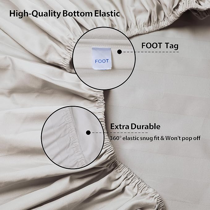 Queen Size Striped Fitted Sheet Only Light Beige Color, 100% Egyptian Cotton - Image 6