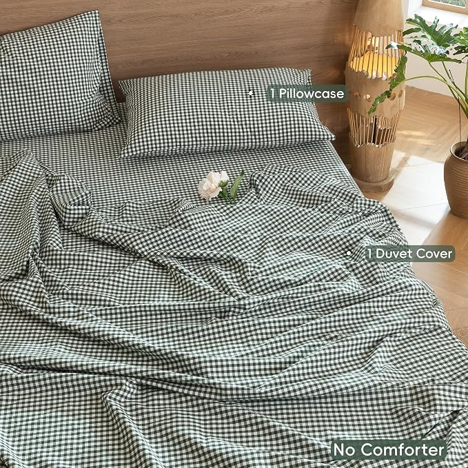 MooMee Gingham Duvet Cover Set 100% Washed Cotton Linen Like Textured - Image 2
