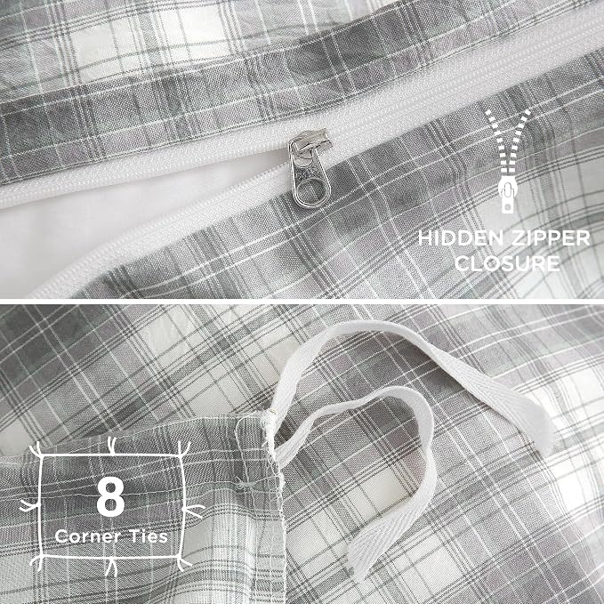 TOCOMOA Plaid Duvet Cover Set 100% Washed Cotton Like Linen Feel Super Soft - Image 6