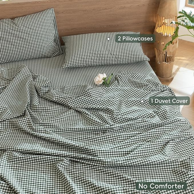 MooMee Gingham Duvet Cover Set 100% Washed Cotton Linen Like Textured - Image 2