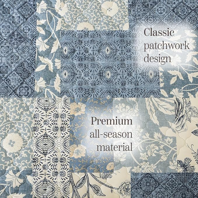 BLOOMHAVEN Quilt Set King Size, Patchwork Blue Floral Quilt Sets, Reversible - Image 6