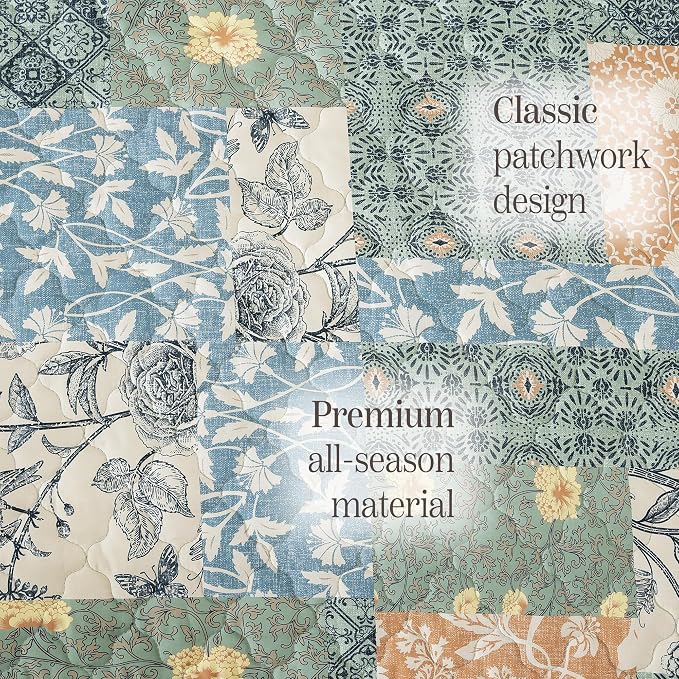 BLOOMHAVEN Quilt Set Twin Size, Patchwork Green Floral Quilt Sets, Reversible - Image 6