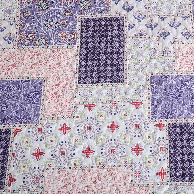 Xruibed Patchwork Quilt Set Queen Size 3 Pieces Purple Floral Plaid Bedspread - Image 5