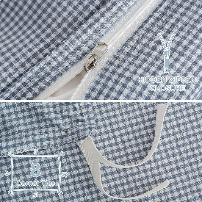 TOCOMOA Mini Gingham Blue Duvet Cover Bedding Set 100% Washed Cotton Like Linen - Image 6
