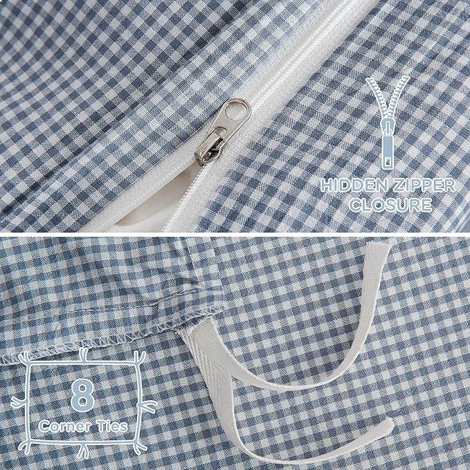TOCOMOA Mini Gingham Blue Duvet Cover Bedding Set 100% Washed Cotton Like Linen - Image 6