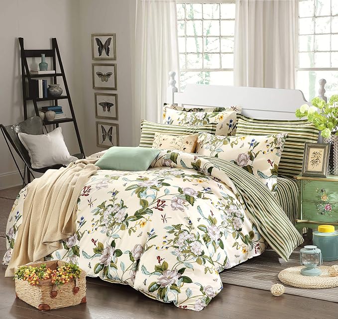 FADFAY Floral Duvet Cover Set 100% Cotton Green and Beige Striped Dorm Room - Image 5