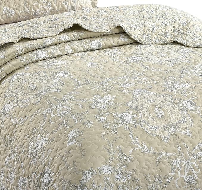 Brilliant Sunshine Classic Grey Floral Toile in Beige Background, 2-Piece Quilt - Image 5