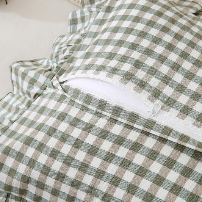 Green/White Plaid Ruffled Body Pillow Sham Washed Cotton Shabby Checkered - Image 4