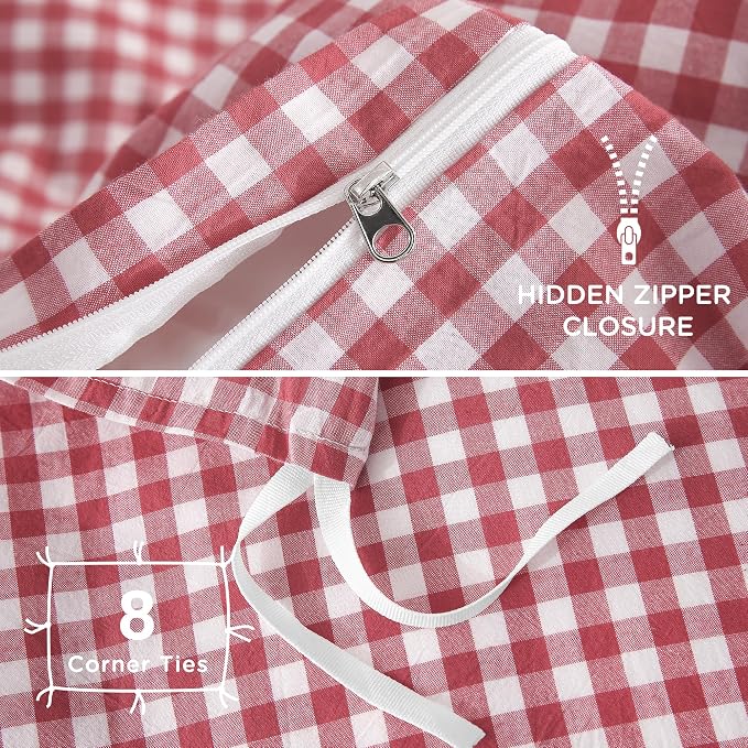 TOCOMOA Red Gingham Duvet Cover Bedding Set 100% Washed Cotton Like Linen Feel - Image 6