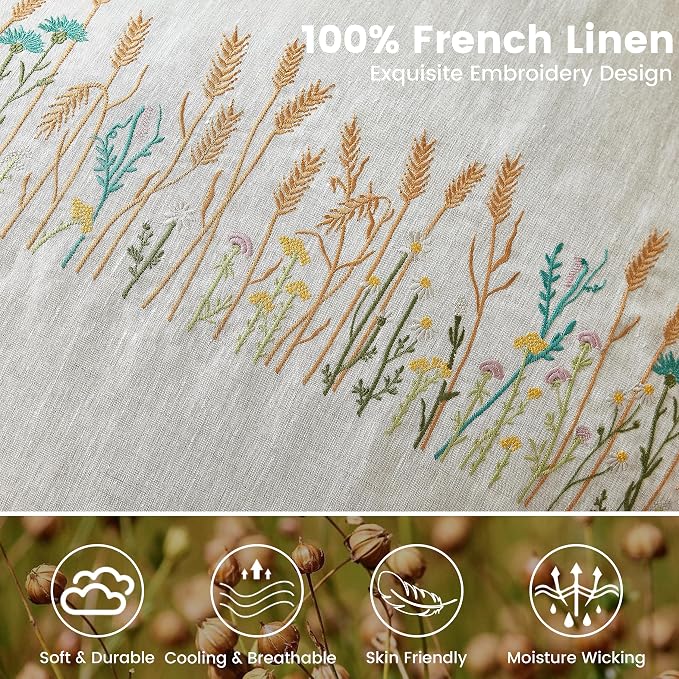 Simple&Opulence 100% Linen Euro Shams 26'' x 26'' Pack of 2, Embroidery Wheat - Image 2