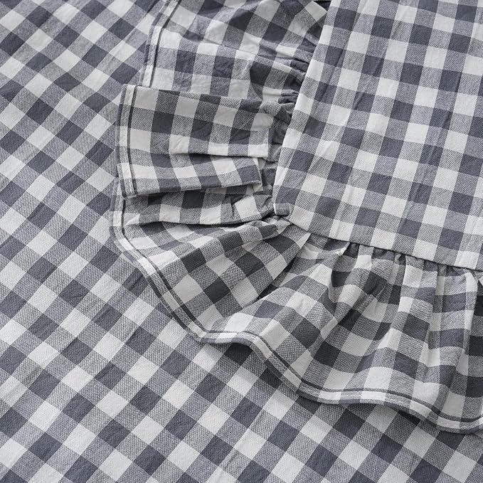 2 Pack Grey/White Plaid Ruffled Throw Pillow Sham 20 x20 inches, Washed Cotton - Image 7